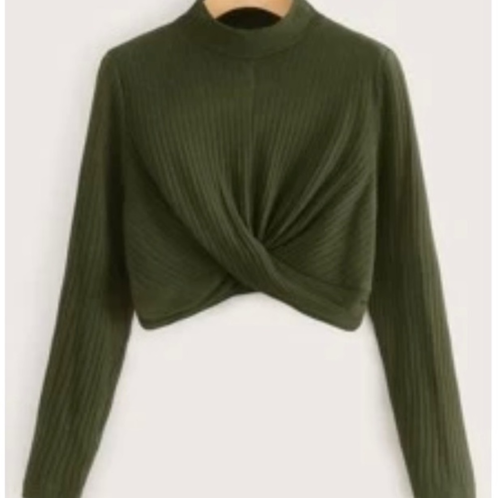SHEIN Olive Green Twist Hem Rib-Knit Solid Long Sleeve Tee
